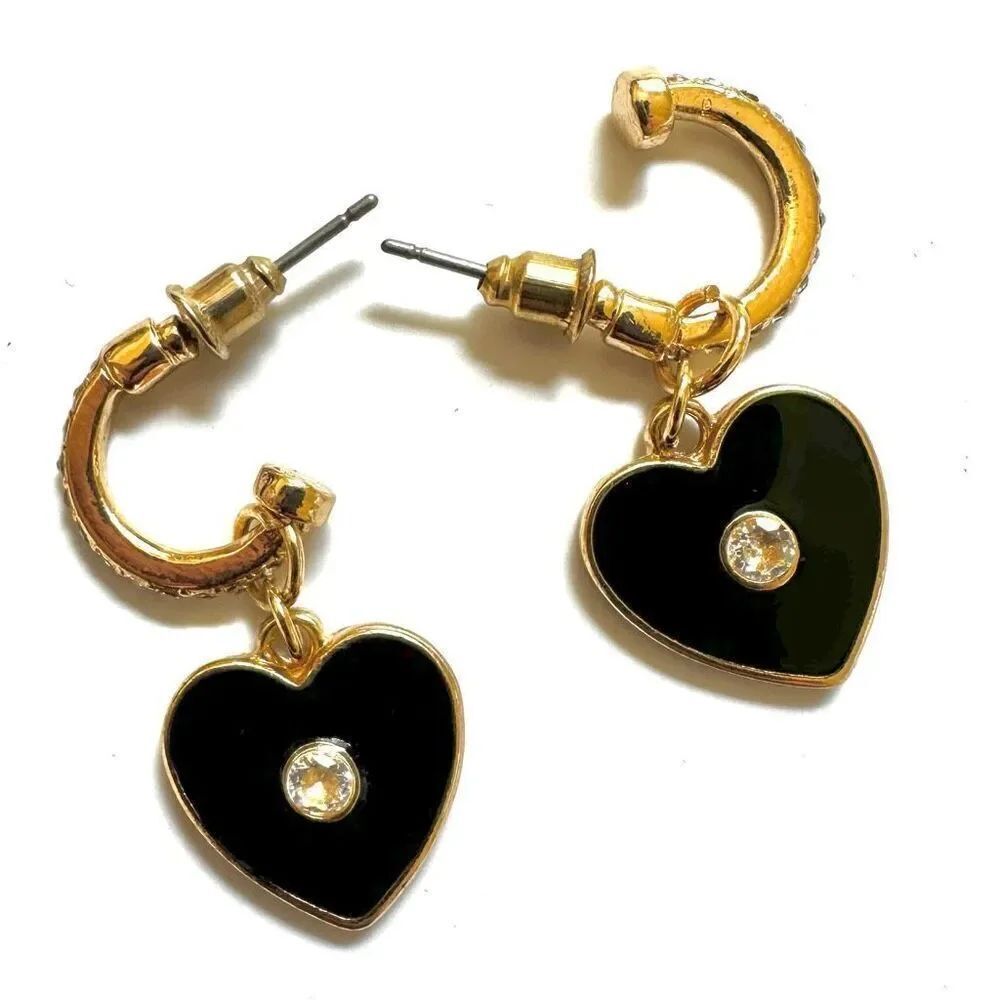 Black and gold tone heart hoop drop earrings